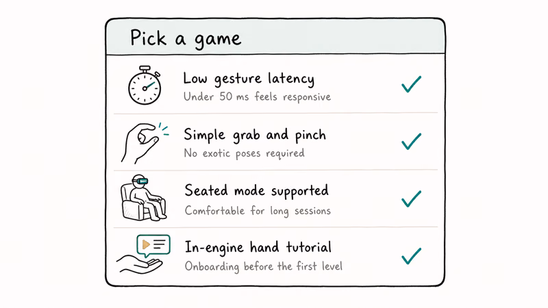 Four row checklist for choosing a controllerless VR game covering latency interactions comfort and tutorial