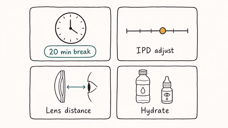 Hand-drawn 2x2 chart of four eye strain tips including breaks IPD adjustment lens distance and hydration.