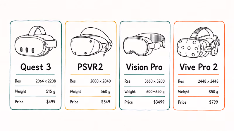 Hand-drawn comparison table of four VR headset silhouettes with resolution weight and price labels per model.