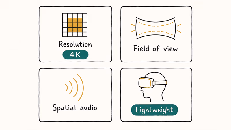 Hand-drawn 2x2 chart showing four buying criteria for a movie-focused VR headset including resolution and audio.