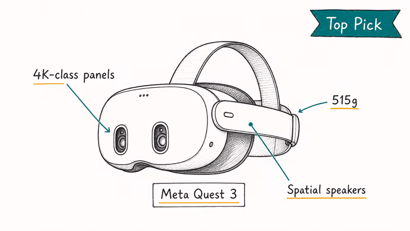 Hand-drawn Meta Quest 3 headset diagram with three callouts for panels spatial speakers and weight.