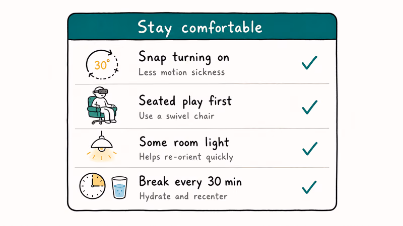 Four row VR horror comfort card with snap turn seated play room light and break reminders all checked