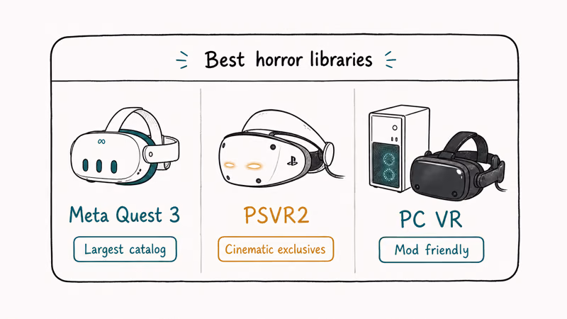 Three column card comparing Meta Quest 3 PSVR2 and PC VR horror libraries by catalog and exclusives