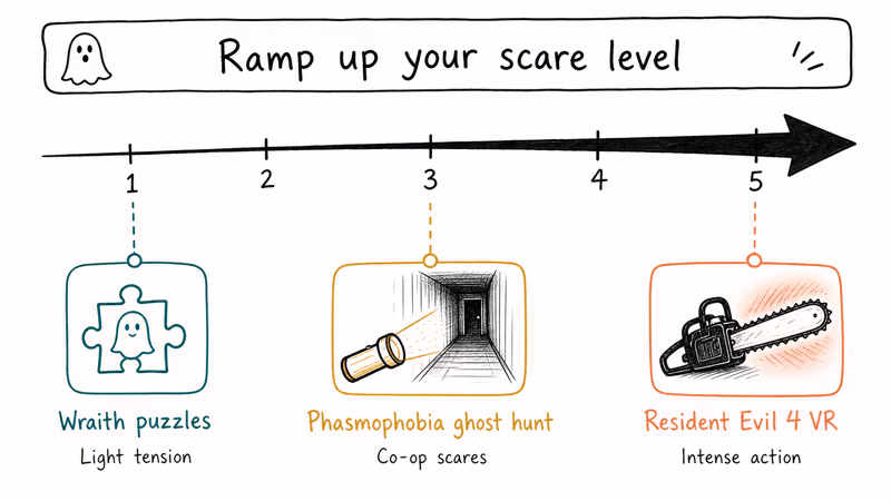 Intensity ramp from 1 to 5 with onboarding picks Wraith Phasmophobia and Resident Evil 4 VR