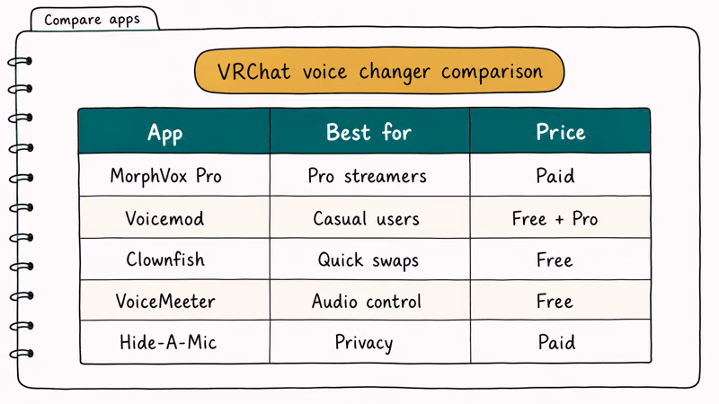 Table comparing MorphVox Voicemod Clownfish VoiceMeeter and Hide-A-Mic voice changers for VRChat
