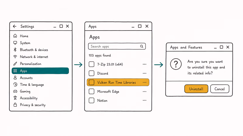 Hand-drawn three-step flow showing how to uninstall Vulkan Run Time Libraries from Windows Settings Apps.
