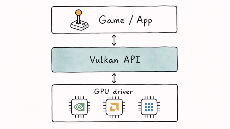 Hand-drawn three-layer stack showing how Vulkan API sits between game application and GPU driver layer.
