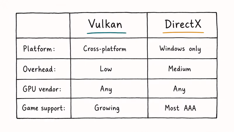 Hand-drawn two-column chart comparing Vulkan and DirectX across platform overhead GPU vendor and game support.