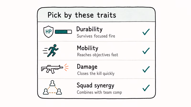 Selection criteria card with rows for durability mobility damage and synergy each with teal checks