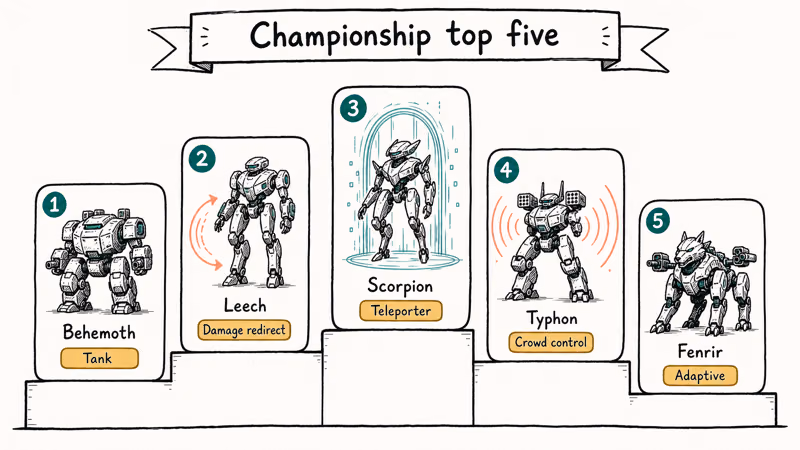 Hand-drawn podium with five War Robots championship picks Behemoth Leech Scorpion Typhon and Fenrir