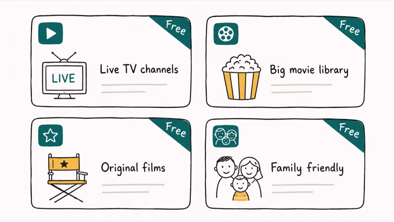 Four tile grid of legitimate ad supported streaming services with feature labels for library originals and family