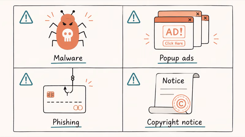 Risk infographic showing malware popups phishing and copyright notices as four hazards on unofficial streaming sites