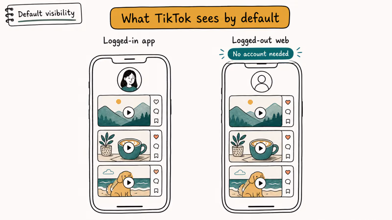 Side by side phone frames comparing logged in TikTok app view to anonymous logged out web browser view
