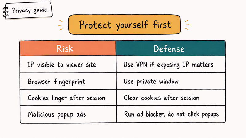 Table mapping anonymous TikTok browsing privacy risks to defensive actions like VPN private window and ad blocker