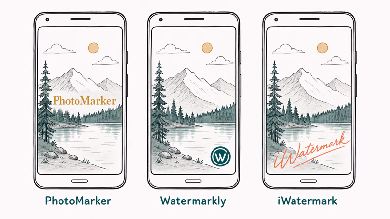 Three Galaxy phones showing PhotoMarker Watermarkly and iWatermark watermark styles on sample photos