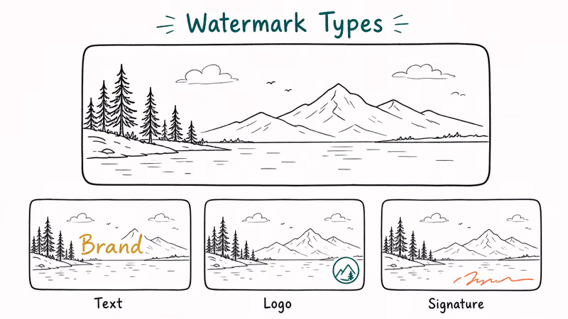 Three watermark style examples on the same photo showing text logo and signature variants