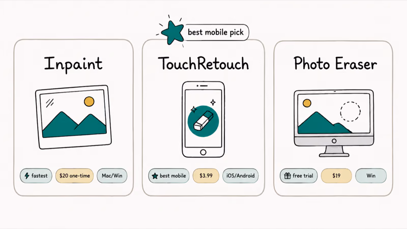Three card comparison of Inpaint TouchRetouch and Photo Eraser watermark remover apps with price and platform tags