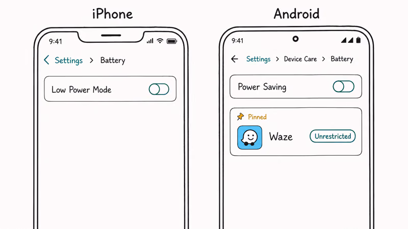 iPhone Low Power Mode and Android Power Saving both shown off with Waze unrestricted background