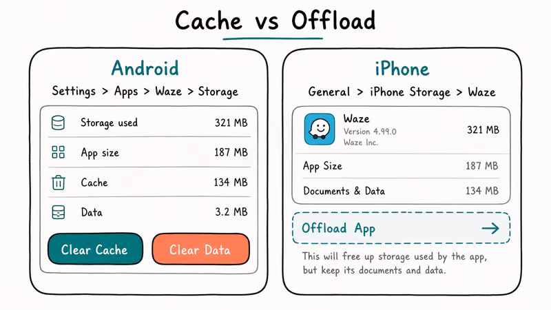 Android Clear Cache and iPhone Offload App screens shown side by side for resetting Waze data