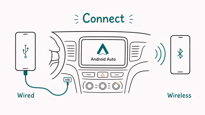 Wired USB and wireless Bluetooth phone connections converging on an Android Auto car dashboard screen