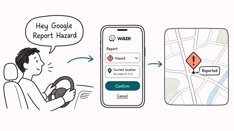 Driver voice command to Waze hazard form and resulting hazard pin shown on the shared map