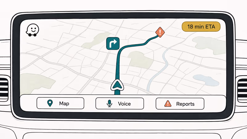 In car Android Auto screen showing the Waze map route ETA pill and hazard report icon along the