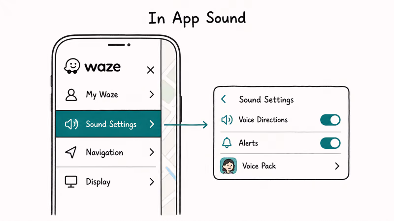 Waze in app sound settings menu showing voice directions and alerts toggles on plus voice pack picker