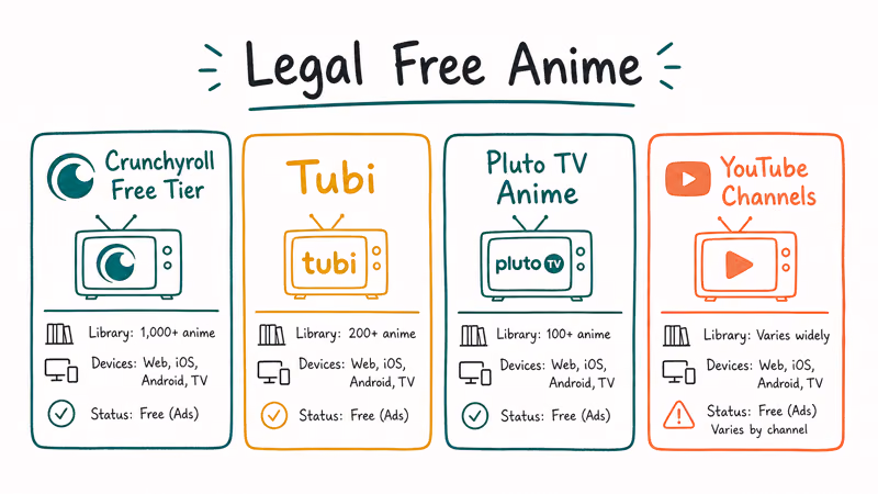 Four-card row mapping legal free anime alternatives including Crunchyroll Tubi Pluto and YouTube channels