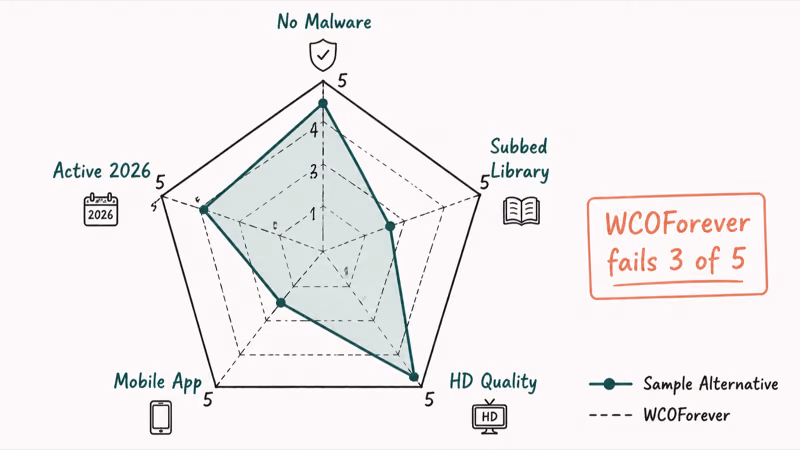 Radar chart of five anime stream criteria scoring a sample alternative against WCOForever weaknesses
