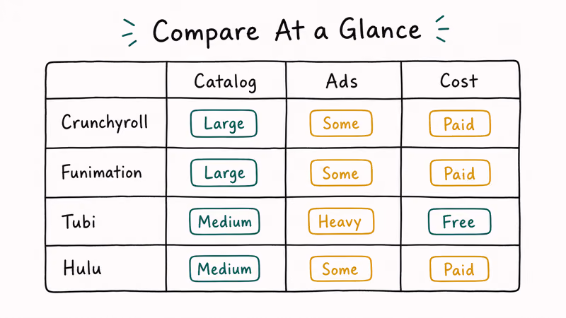 Comparison table of Crunchyroll Funimation Tubi and Hulu showing catalog size ads and cost per service