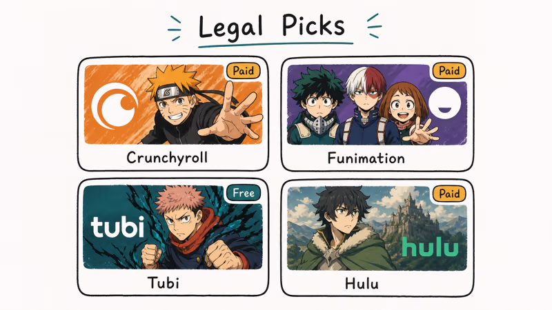 Four legal anime streaming services Crunchyroll Funimation Tubi and Hulu shown as a clean app tile grid