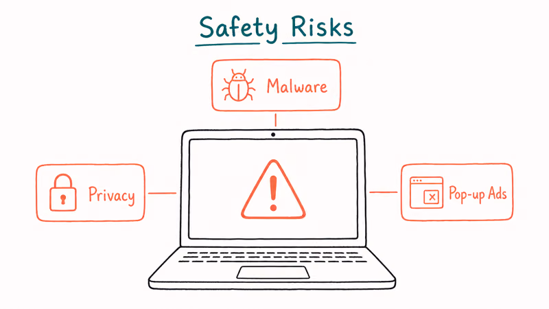 Pirate anime site safety risks shown around a laptop including malware privacy and aggressive pop up ads
