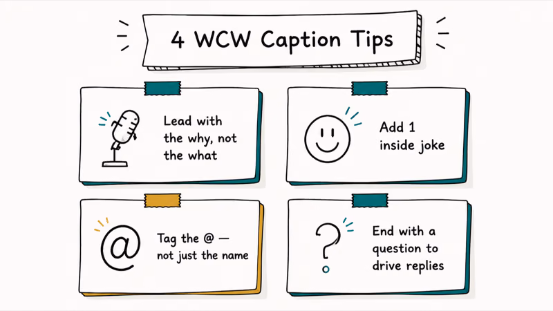 Four sticky-note WCW caption tips covering hook joke tag and reply-driving question.