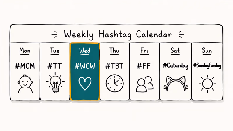 Seven-day hand-drawn calendar strip showing the weekly social hashtags with Wednesday WCW highlighted.