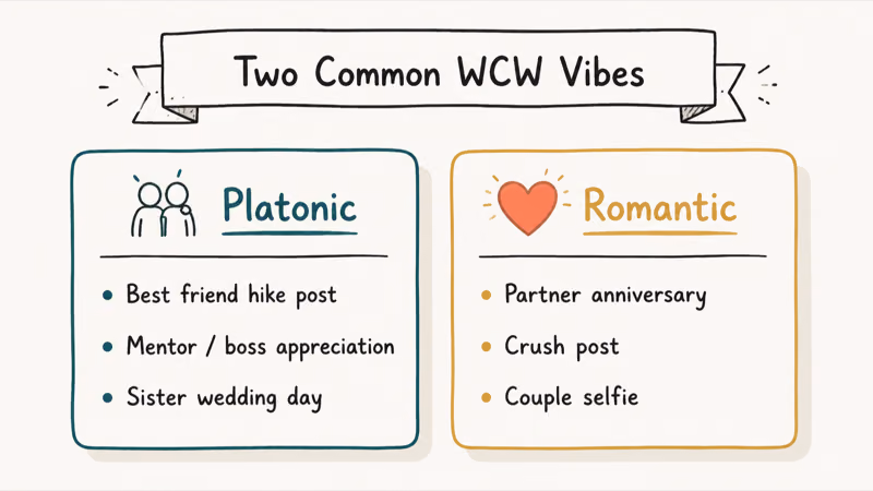 Two-column hand-drawn card contrasting platonic and romantic WCW use cases on social media.