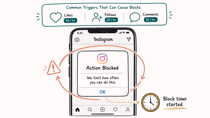 Instagram action blocked dialog with three burst trigger icons like follow comment and timer ring