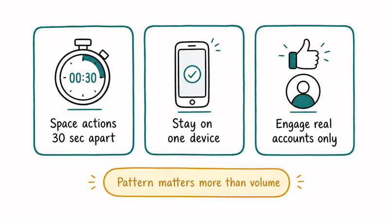 Three Instagram safe behavior cards space actions stay one device and engage real accounts only