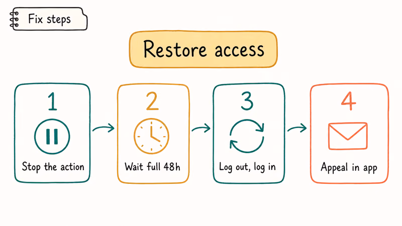 Four numbered steps to fix Instagram restriction including pause action wait log out and appeal