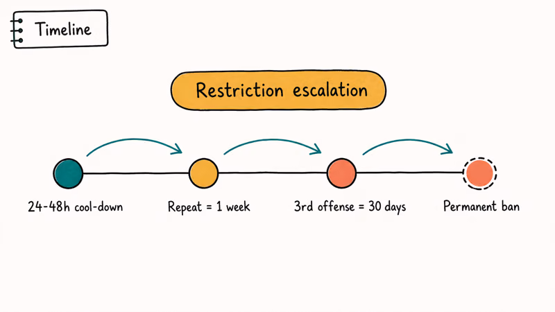 Timeline showing Instagram restriction durations from 24 hour cool down to permanent ban escalation