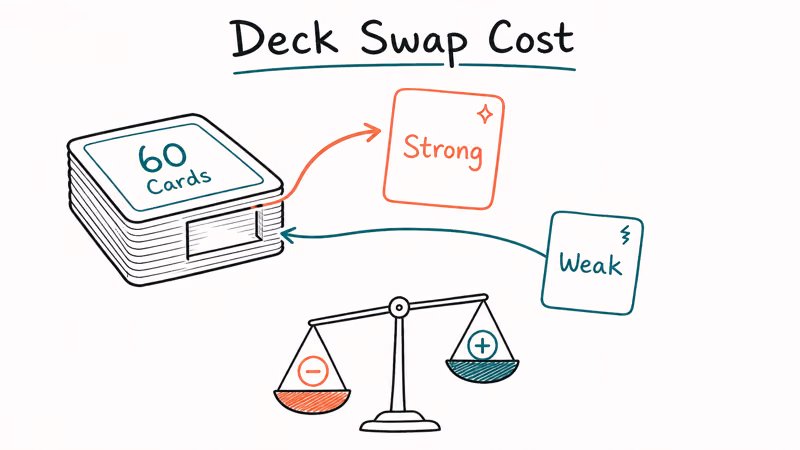 Deck building tradeoff showing a strong card replaced by a weak card tipping the balance scale negative