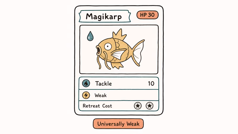 Magikarp Pokemon trading card showing thirty HP tackle attack and two energy retreat cost stats