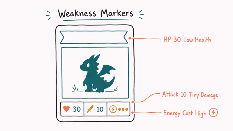 Annotated Pokemon TCG card showing low HP small attack damage and high energy cost as weakness markers