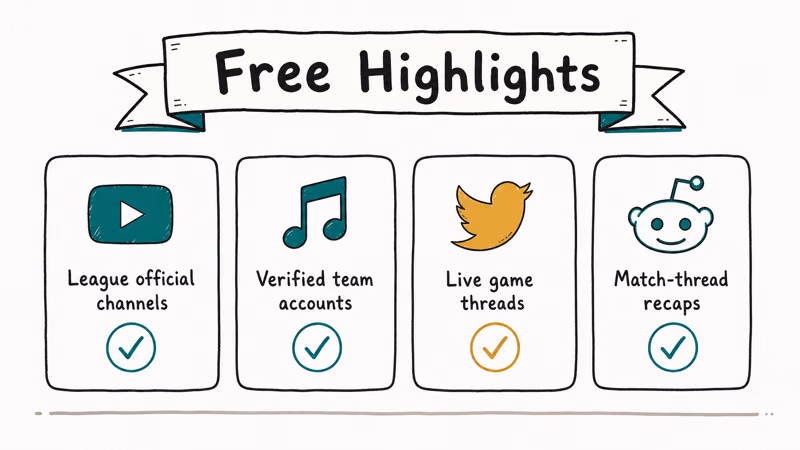 Hand-drawn four card lineup of free legal sources for sports highlights including YouTube TikTok X and Reddit