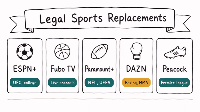 Hand-drawn five card lineup of legal sports streaming services covering ESPN Fubo Paramount DAZN and Peacock