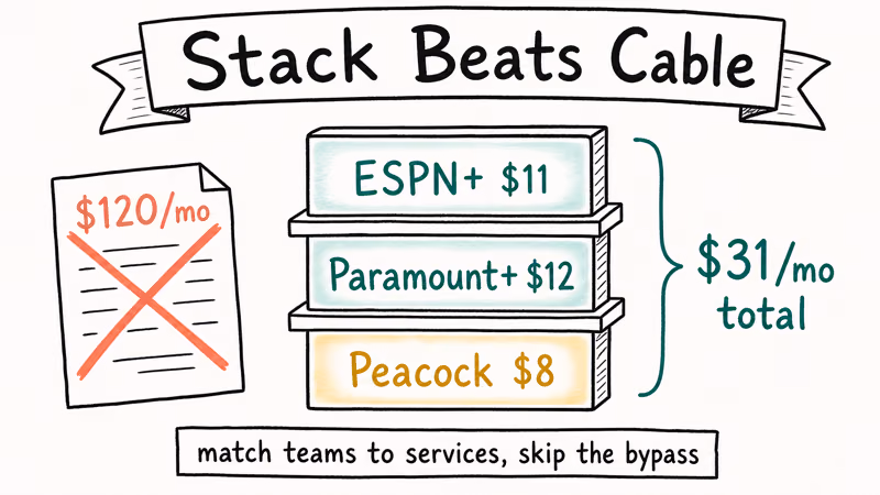 Hand-drawn stack of three legal sports services with prices totaling thirty one dollars compared to a cable bill