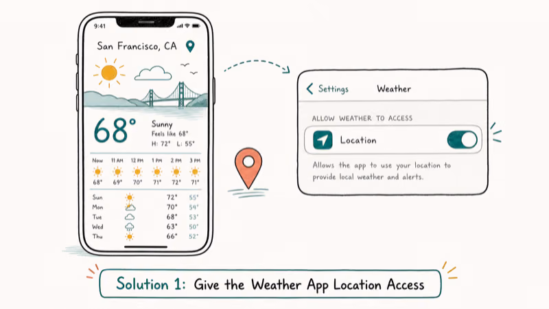Hand-drawn illustration of Solution 1: Give the Weather App Location Access