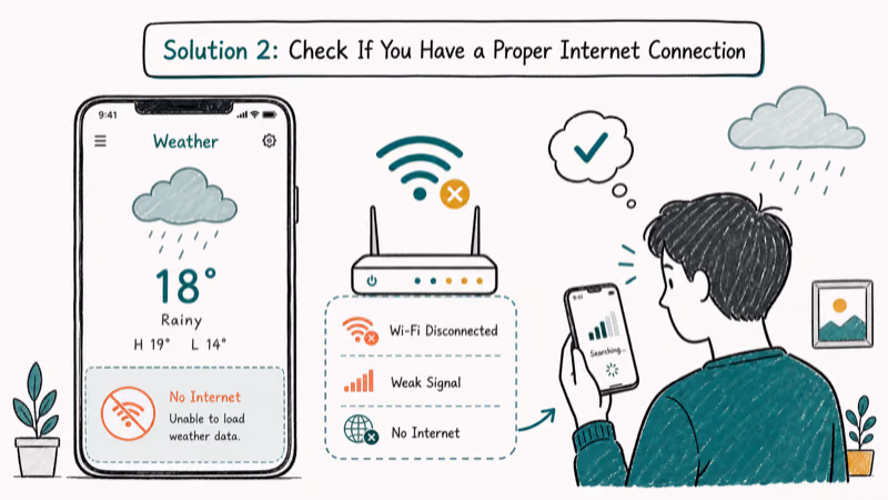 Hand-drawn illustration of Solution 2: Check If You Have a Proper Internet Connection