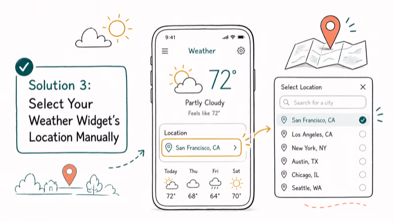 Hand-drawn illustration of Solution 3: Select Your Weather Widget’s Location Manually