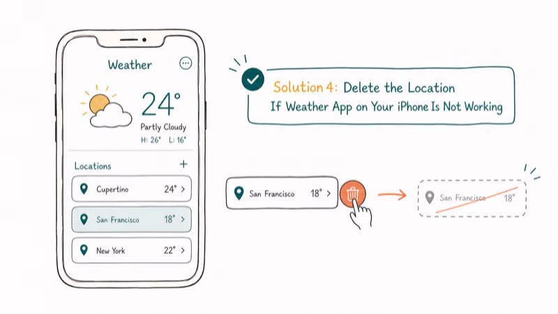 Hand-drawn illustration of Solution 4: Delete the Location If Weather App on Your iPhone is Not Working