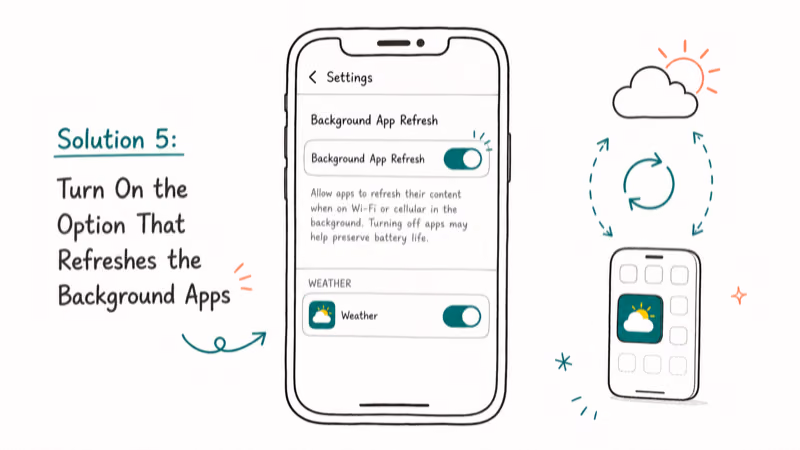 Hand-drawn illustration of Solution 5: Turn On the Option That Refreshes the Background Apps